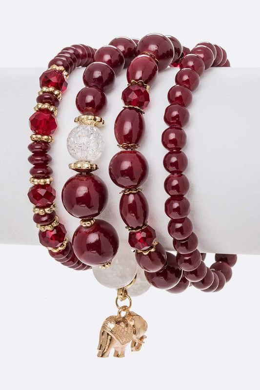 Elephant Charm Mix Beads Layered Bracelet Set