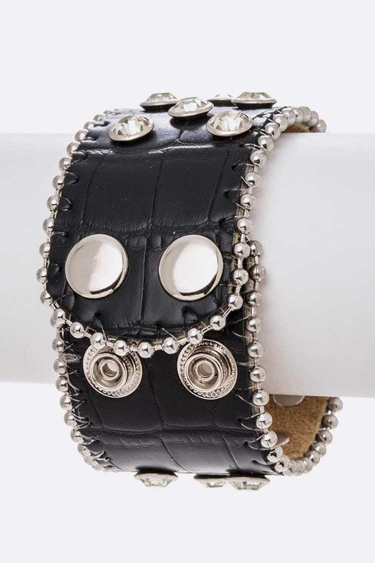 Crystal Studds Croc Embossed Leather Cuff