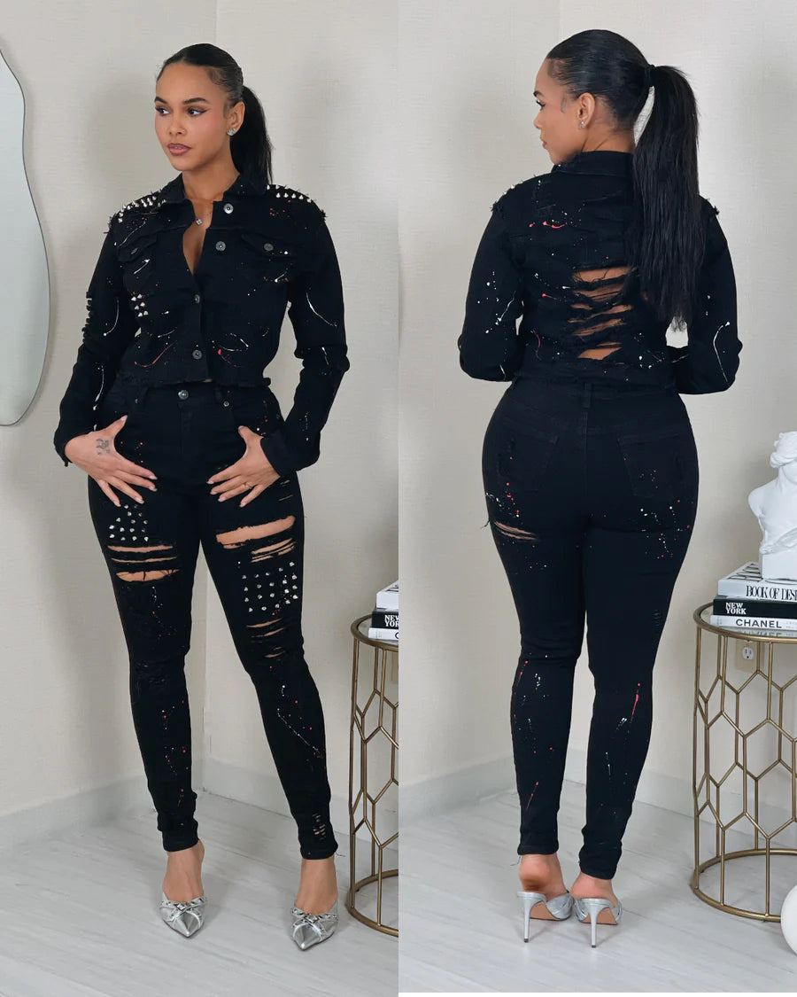 Studded Detailed Painted Jacket & Pants Set